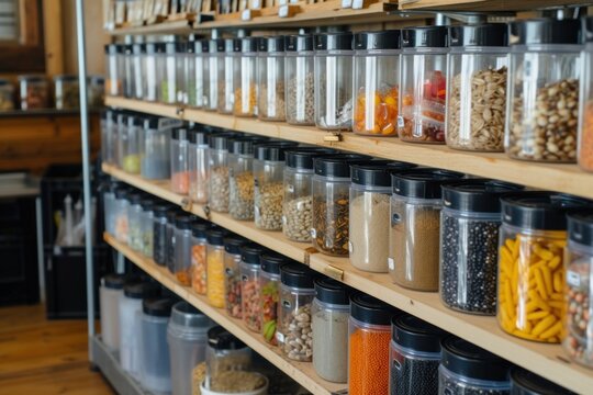Bulk bins with various grains, pasta, and legumes in a zero waste grocery store. - Powered by Adobe