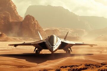A fighter jet is parked on top of a dirt field, ready for action, Futuristic fighter aircraft in a desert landscape, AI Generated - Powered by Adobe