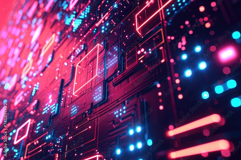 Poster a computer screen displaying vibrant neon lights in a dark environment, futuristic grid with random 