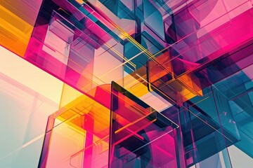 Abstract Image of a Multicolored Building, Futuristic geometric forms rendered in high-saturation colors to create an abstract image, AI Generated