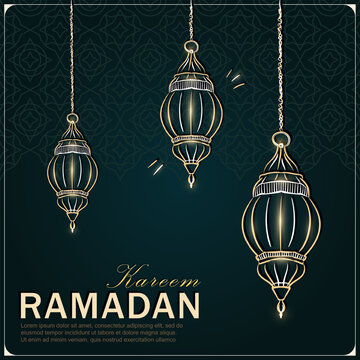 Ramadan Kareem greeting card with golden hand drawn linear traditional Muslim lanterns on green background with Arabic arabesque pattern and greeting text. Eid Mubarak banner with outline hanging lamp