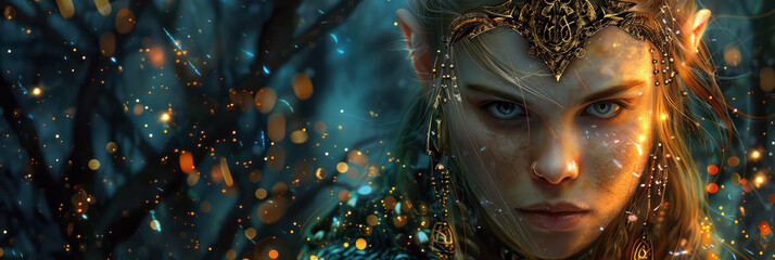 Fantasy woman with glowing magic in forest - obrazy, fototapety, plakaty