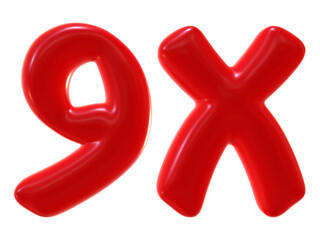 9x with red color isolated on transparent background. 3d number and letter icon for double and bonus concept