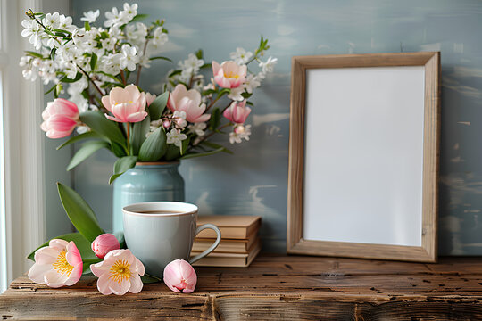 Easter breakfast still life. Blank picture frame mockup. Wooden bench, table composition with cup of coffee, old books. Spring bouquet of pink tulips, white daffodils. Hawthorn, guelder rose flowers. 