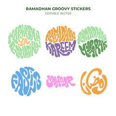 Hand-drawn Ramadhan logotype groovy style. Ramadhan Mubarak title and icon. Logotype for ramadhan,fasting. Greeting Stickers Ramadhan