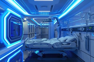 A hospital room featuring a patient bed and medical equipment, Futuristic hospital using biotechnological equipment, AI Generated