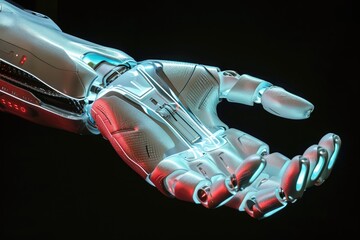 A hand from the future adorned with a vibrant red light emitting an otherworldly glow, Futuristic image of a prosthetic limb, AI Generated