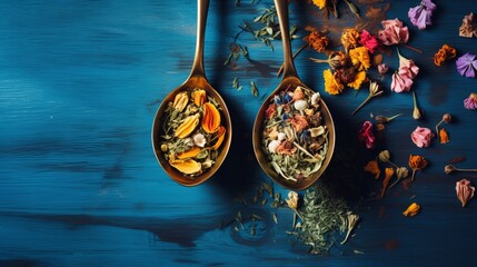 Two cups of healthy herbal tea with mint, cinnamon, dried rose and camomile flowers in spoons over blue background, top view - obrazy, fototapety, plakaty