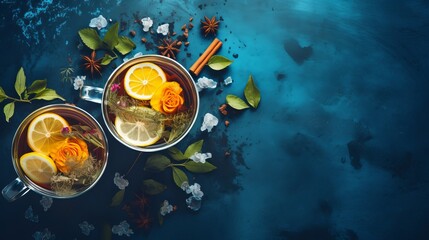 Two cups of healthy herbal tea with mint, cinnamon, dried rose and camomile flowers in spoons over blue background, top view - obrazy, fototapety, plakaty