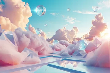 Cercles muraux Rose clair Futuristic Landscape With Clouds and Cubes, Futuristic landscape of geometric shapes and polygons, aestheticized through abstractly floating clouds, AI Generated