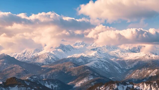 view of snow covered mountains in the sky. 4k video