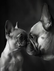 Peaceful French Bulldog Embracing Puppy  ,Parent and Puppy Share Tender Moment in monochrome - 740893101