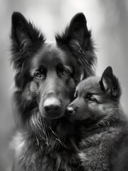 German Shepherd Adult and Puppy Intimate Portrait   ,Parent and Puppy Share Tender Moment in monochrome.