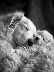 Golden Retriever and Puppy Sleeping Together  ,Parent and Puppy Share Tender Moment in monochrome