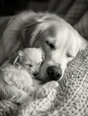 Golden Retriever and Puppy Sleeping Together  ,Parent and Puppy Share Tender Moment in monochrome