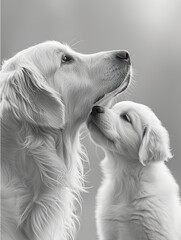 Golden Retriever Looking Up With Puppy   ,Parent and Puppy Share Tender Moment in monochrome