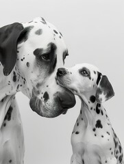 Great Dane Family in Tender Embrace ,Parent and Puppy Share Tender Moment in monochrome. - 740893157