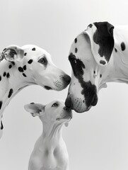 Great Dane Family in Tender Embrace ,Parent and Puppy Share Tender Moment in monochrome.