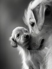 Mother Dog Tenderly Cuddling Her Puppy ,Parent and Puppy Share Tender Moment in monochrome.
