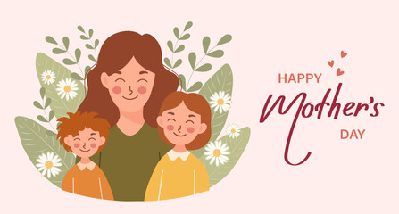 Happy Mother's Day banner. Young woman mother with children, son and daughter. 