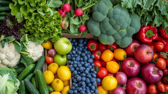 A vibrant farmer's market texture background, filled with fresh fruits, vegetables, and colorful produce, celebrating local agriculture and healthy eating.