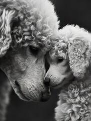 Standard Poodle and Puppy Sharing a Moment  ,Parent and Puppy Share Tender Moment in monochrome - 740893305