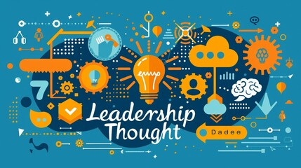 A minimalistic-style banner featuring "Leadership Thought" in blueprint text, accompanied by simple icons of a lightbulb, brain, and thinking bubble. leadership thought concept.