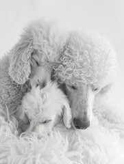 Standard Poodle and Puppy Sharing a Moment  ,Parent and Puppy Share Tender Moment in monochrome - 740893322