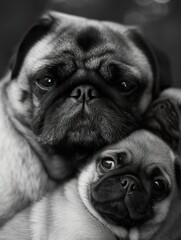 Pug Dog with Puppies in a Close Family Portrait  ,Parent and Puppy Share Tender Moment in monochrome