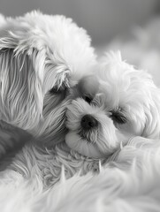 Shih Tzu Adult and Puppy Nose-to-Nose ,Parent and Puppy Share Tender Moment in monochrome.