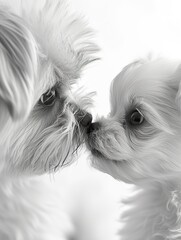 Shih Tzu Adult and Puppy Nose-to-Nose ,Parent and Puppy Share Tender Moment in monochrome. - 740893349