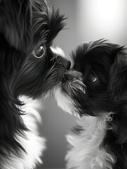 Shih Tzu Adult and Puppy Nose-to-Nose ,Parent and Puppy Share Tender Moment in monochrome. - 740893351