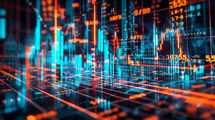 vibrant display of financial data analytics, with various types of graphs and numerical data overlaid on a digital interface or motherboard