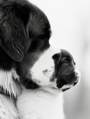 Saint Bernard Adult and Puppy Contemplative Moment ,Parent and Puppy Share Tender Moment in monochrome. - 740893362