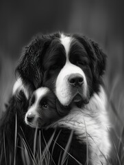 Saint Bernard Adult and Puppy Contemplative Moment ,Parent and Puppy Share Tender Moment in monochrome. - 740893370