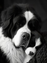 Saint Bernard Adult and Puppy Contemplative Moment ,Parent and Puppy Share Tender Moment in monochrome. - 740893375