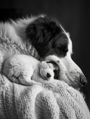 Saint Bernard Adult and Puppy Contemplative Moment ,Parent and Puppy Share Tender Moment in monochrome. - 740893380