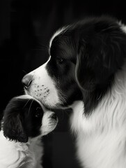 Saint Bernard Adult and Puppy Contemplative Moment ,Parent and Puppy Share Tender Moment in monochrome. - 740893390
