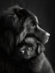 Mother Dog Tenderly Cuddling Her Puppy ,Parent and Puppy Share Tender Moment in monochrome.