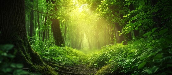 The sunlight filters through the canopy of trees in a vibrant deciduous forest, creating a lush green natural landscape