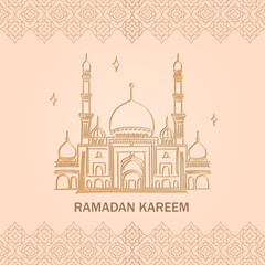 Eid Mubarak greeting card with hand drawn linear Mosque on beige background with Arabic pattern. Banner with golden outline Masjid as a place of worship for Muslims. Ramadan Kareem square poster