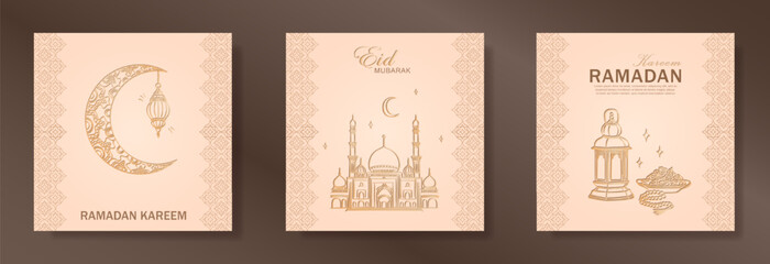 Set of beige Ramadan Kareem square greeting cards with hand drawn linear golden Mosque, crescent moon, Arabic lantern, dates, Muslim rosary praying beads. Template of Eid Mubarak outline banners