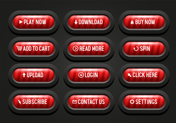 Buttons for web design. Red striped buttons in a black frame. Set of vector 3D buttons.