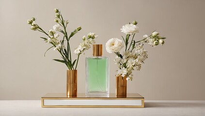 Close up of glass green perfume bottle with white flowers in golden vases on beige background. Selective fresh female toilet water. Concept of fragrance marketing. Ai generation