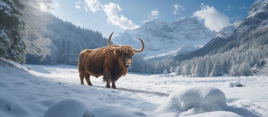A yak, a terrestrial animal, stands in the middle of a snowcovered field with a backdrop of a sky filled with clouds, creating a beautiful natural landscape