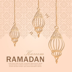 Fototapeta na wymiar Ramadan Kareem greeting card with golden hand drawn linear traditional Muslim lanterns on beige background with Arabic arabesque pattern and greeting text. Eid Mubarak banner with outline hanging lamp