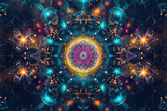 A vibrant kaleidoscope design featuring a multitude of different colors and intricate patterns, Futuristic mandala composed of digital abstract elements, AI Generated
