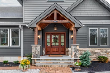 Foto op Plexiglas A grey modern farmhouse front door with a covered porch, wood front door with glass window, and grey vinyl and wood siding.  © assia