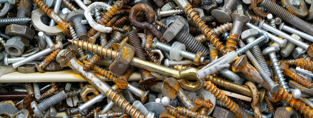 Panorama Old Rusty Bolts and Nuts, Texture Background