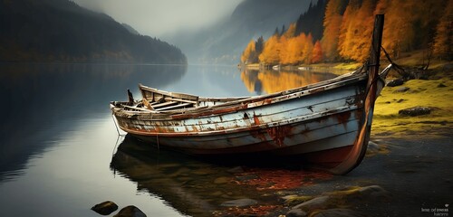 Old wooden boat on the shore of a mountain lake in the mountains. Generative AI
